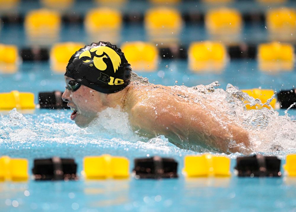 Iowa’s Mateus Arndt swims the men’s 100 yard butterfly event during their meet at the Campus Recreation and Wellness Center in Iowa City on Friday, February 7, 2020. (Stephen Mally/hawkeyesports.com)