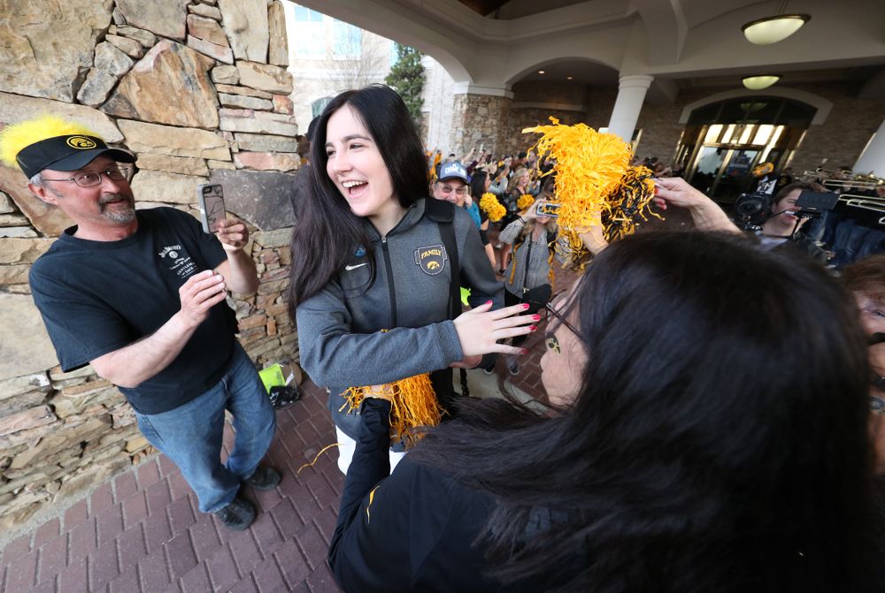 Iowa Hawkeyes forward Megan Gustafson (10) during a send off at the hotel before their game against the NC State Wolfpack in the regional semi-final of the 2019 NCAA Women's College Basketball Tournament Saturday, March 30, 2019 at Greensboro Coliseum in Greensboro, NC.(Brian Ray/hawkeyesports.com)