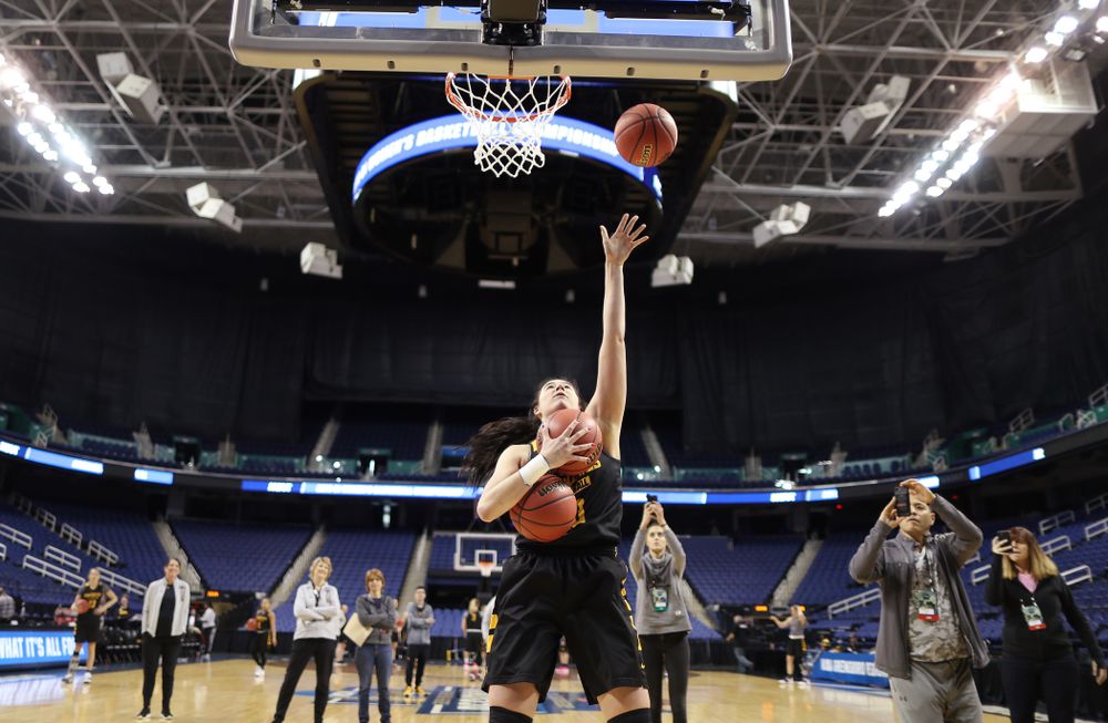 Iowa Hawkeyes forward Megan Gustafson (10) does the three ball Mikan Drill the ESPN Crew following practice for their Sweet 16 matchup against NC State Friday, March 29, 2019 at the Greensboro Coliseum in Greensboro, NC.(Brian Ray/hawkeyesports.com)