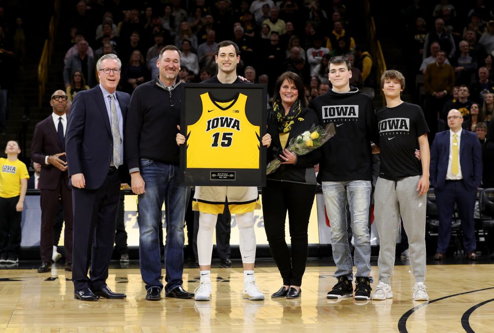 Iowa Hawkeyes forward Ryan Kriener (15) and his family during senior night festivities before their game against the Purdue Boilermakers Tuesday, March 3, 2020 at Carver-Hawkeye Arena. (Brian Ray/hawkeyesports.com)
