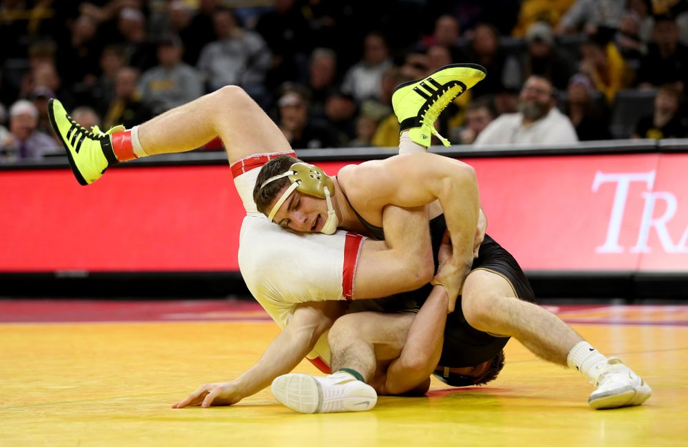 Iowa’s Abe Assad wrestles Nebraska’s Taylor Venz at 184 pounds Saturday, January 18, 2020 at Carver-Hawkeye Arena. Assad won the match 6-4. (Brian Ray/hawkeyesports.com)