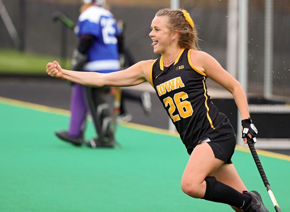 Iowa’s Maddy Murphy (26) celebrates after scoring a goal during the fourth quarter of their game at Grant Field in Iowa City on Saturday, Oct 26, 2019. (Stephen Mally/hawkeyesports.com)