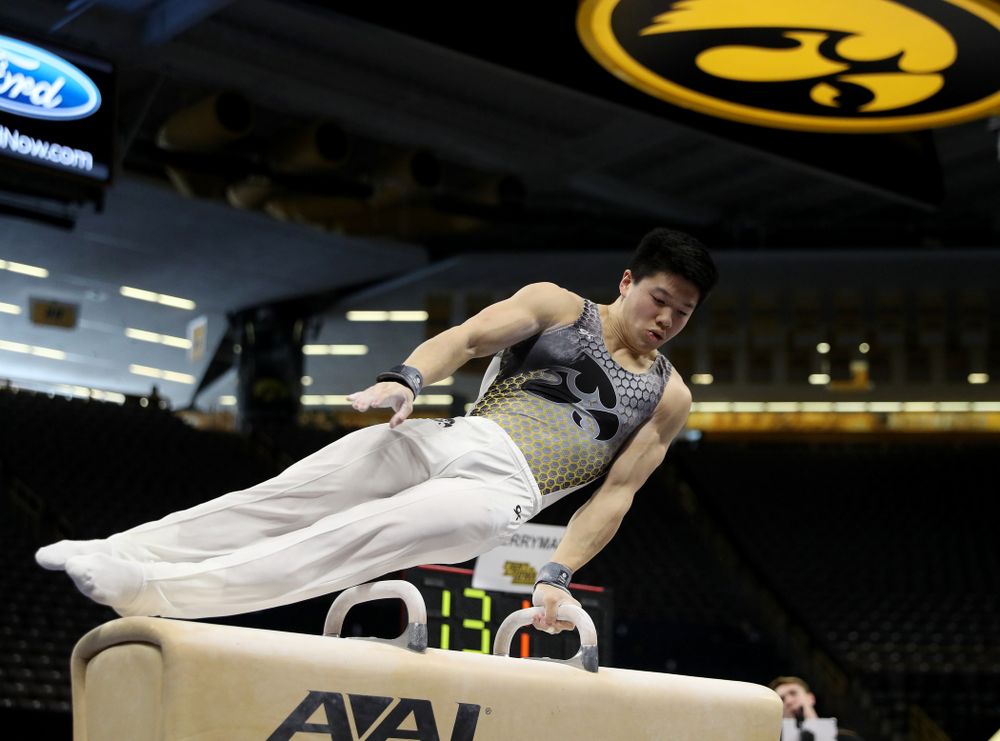 Iowa’s Bennet Huang competes on the Pommel Horse against UIC and Minnesota Saturday, February 1, 2020 at Carver-Hawkeye Arena. (Brian Ray/hawkeyesports.com)
