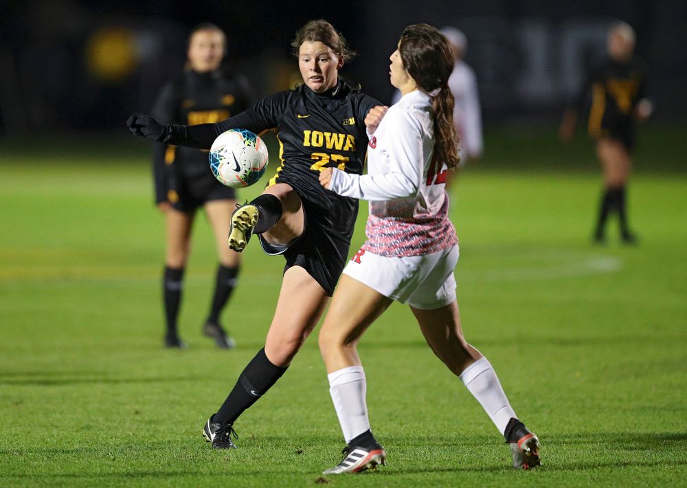 Iowa forward Samantha Tawharu (27) tries to pass during the first half of their match at the Iowa Soccer Complex in Iowa City on Friday, Oct 11, 2019. (Stephen Mally/hawkeyesports.com)