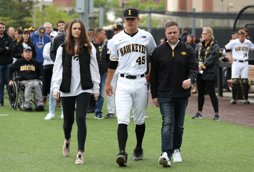Iowa Hawkeyes Kyle Shimp (45) during senior day festivities before their game against Michigan State Sunday, May 12, 2019 at Duane Banks Field. (Brian Ray/hawkeyesports.com)