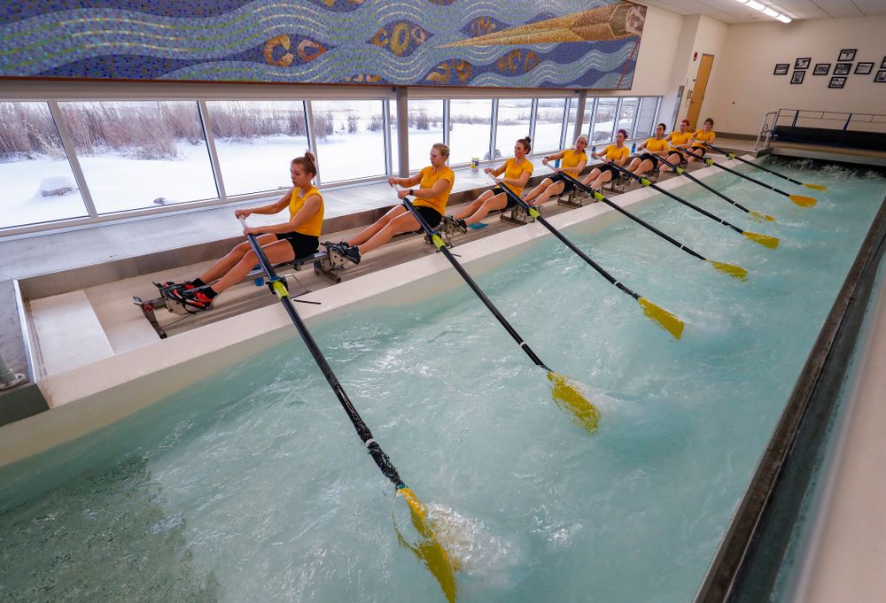 Members of the Iowa Rowing Team workout in the indoor rowing tank at the P. Sue Beckwith, M.D., Boathouse Monday, February 12, 2018 in Iowa City. (Brian Ray/hawkeyesports.com)