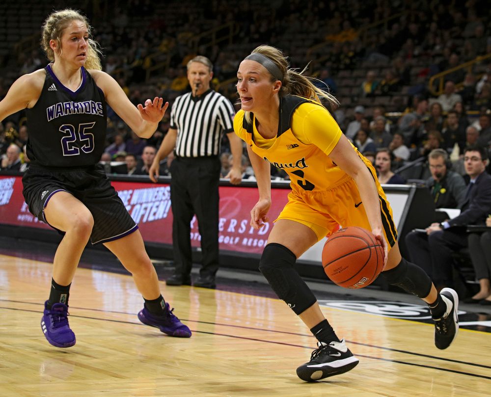 Iowa guard Makenzie Meyer (3) drives in with the ball during the third quarter of their game against Winona State at Carver-Hawkeye Arena in Iowa City on Sunday, Nov 3, 2019. (Stephen Mally/hawkeyesports.com)