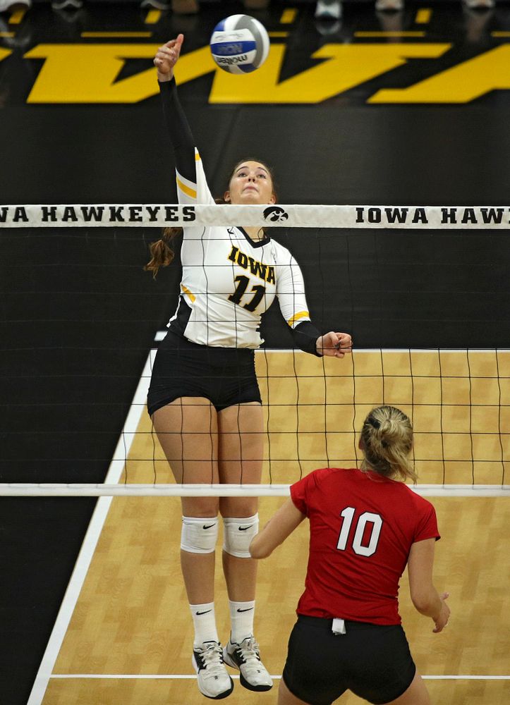 Iowa’s Blythe Rients (11) lines up a shot during the second set of their match against Nebraska at Carver-Hawkeye Arena in Iowa City on Saturday, Nov 9, 2019. (Stephen Mally/hawkeyesports.com)