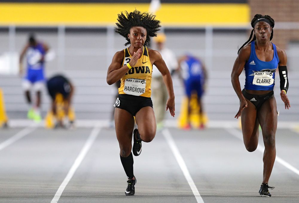 Iowa’s Lasarah Hargrove runs the women’s 60 meter dash event at the Black and Gold Invite at the Recreation Building in Iowa City on Saturday, February 1, 2020. (Stephen Mally/hawkeyesports.com)