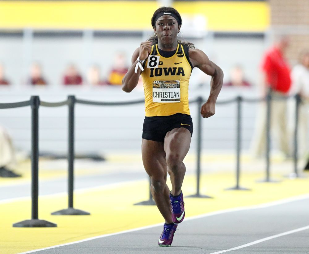 Iowa’s Antonise Christian runs the women’s 60 meter dash premier preliminary event during the Larry Wieczorek Invitational at the Recreation Building in Iowa City on Saturday, January 18, 2020. (Stephen Mally/hawkeyesports.com)