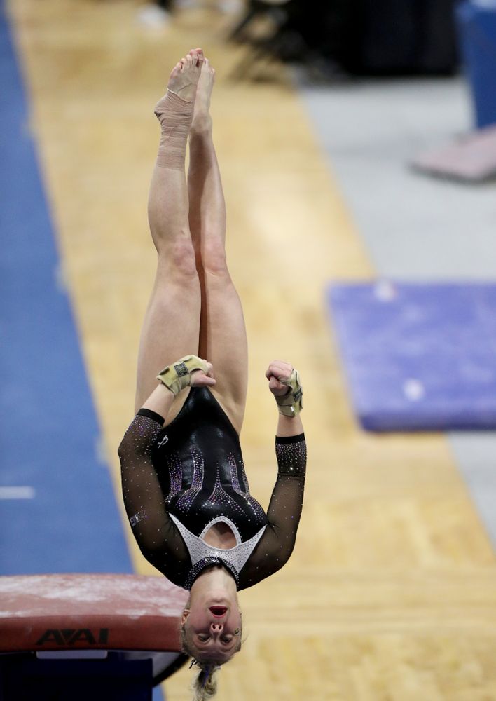 Iowa’s Madelyn Solomon competes on the vault against Michigan State Saturday, February 1, 2020 at Carver-Hawkeye Arena. (Brian Ray/hawkeyesports.com)