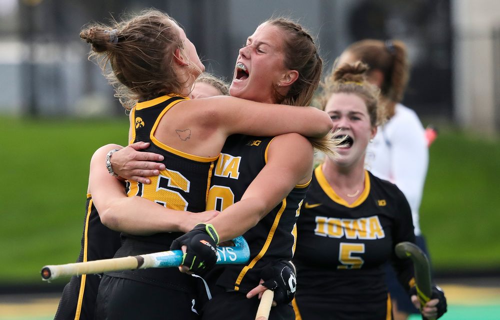 Iowa Hawkeyes forward Madeleine Murphy (26) and Iowa Hawkeyes midfielder Sophie Sunderland (20) celebrate after Murphy's first half goal during a game against No. 6 Penn State at Grant Field on October 12, 2018. (Tork Mason/hawkeyesports.com)