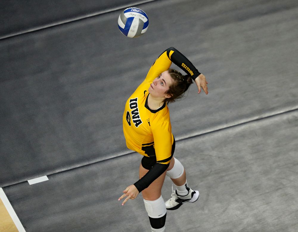 Iowa’s Emma Lowes (6) serves the ball during the fourth set of their match at Carver-Hawkeye Arena in Iowa City on Friday, Nov 29, 2019. (Stephen Mally/hawkeyesports.com)