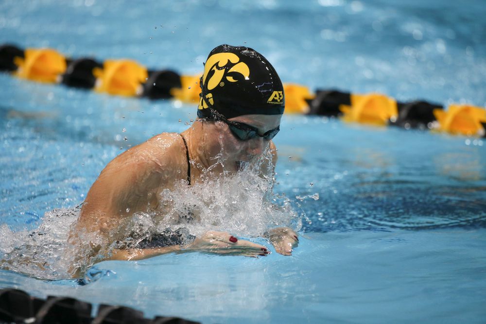 Iowa’s Aleksandra Olesiak swims the 200-yard breaststroke during the Iowa swimming and diving meet vs Notre Dame and Illinois on Saturday, January 11, 2020 at the Campus Recreation and Wellness Center. (Lily Smith/hawkeyesports.com)