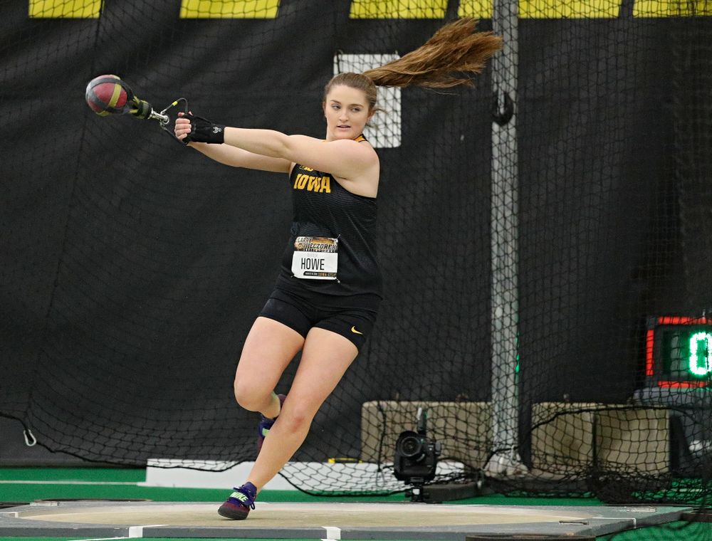 Iowa’s Amanda Howe throws in the women’s weight throw event during the Larry Wieczorek Invitational at the Hawkeye Tennis and Recreation Complex in Iowa City on Friday, January 17, 2020. (Stephen Mally/hawkeyesports.com)