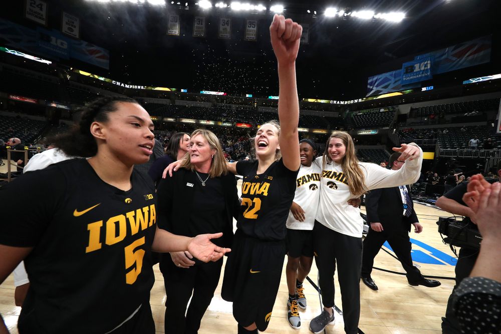 Iowa Hawkeyes guard Kathleen Doyle (22) against the Maryland Terrapins Sunday, March 10, 2019 at Bankers Life Fieldhouse in Indianapolis, Ind. (Brian Ray/hawkeyesports.com)