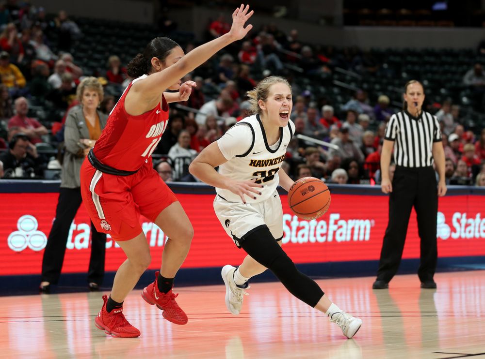 Iowa Hawkeyes guard Kathleen Doyle (22) against Ohio State in the quarterfinals of the Big Ten Basketball Tournament Friday, March 6, 2020 at Bankers Life Fieldhouse in Indianapolis. (Brian Ray/hawkeyesports.com)