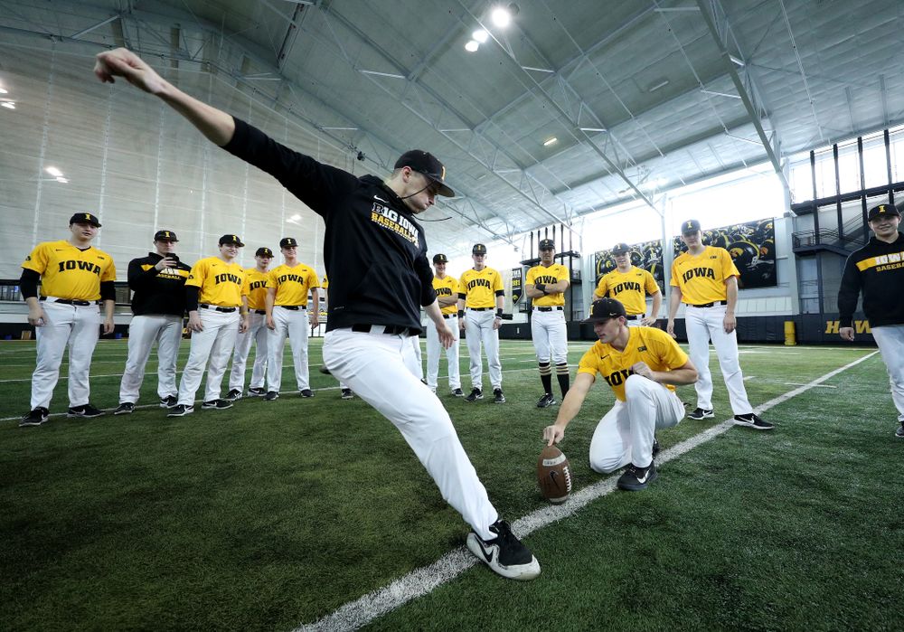 Iowa Hawkeyes Jack Dreyer (33) attempts to kick a field goal before practice Thursday, February 6, 2020 at the Indoor Practice Facility. (Brian Ray/hawkeyesports.com)