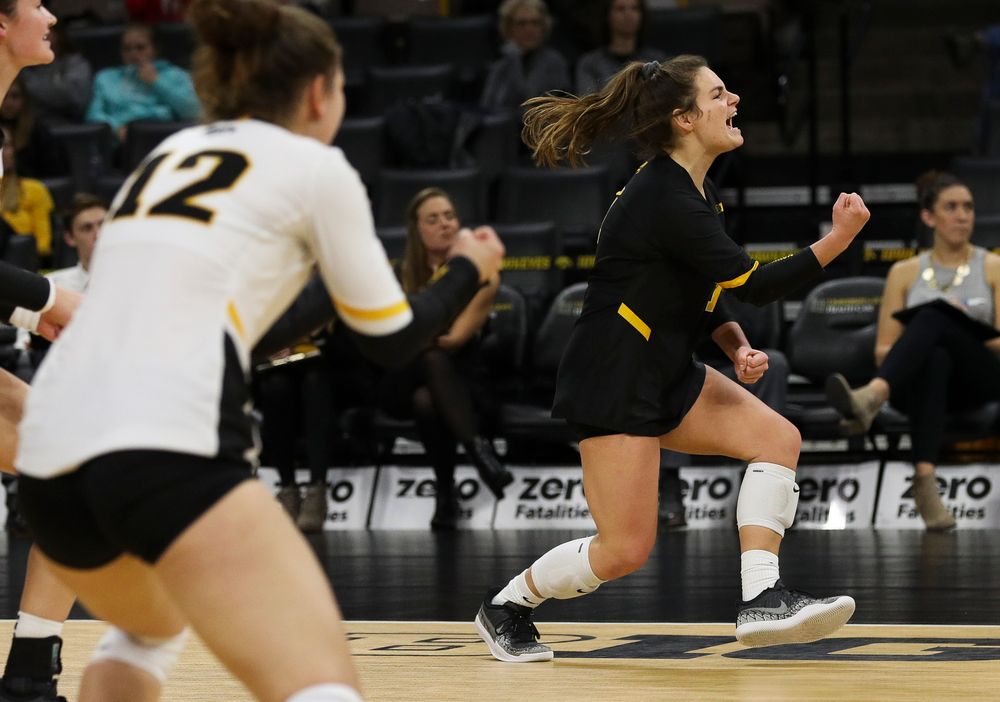 Iowa Hawkeyes defensive specialist Molly Kelly (1) celebrates after winning a point during a match against Maryland at Carver-Hawkeye Arena on November 23, 2018. (Tork Mason/hawkeyesports.com)