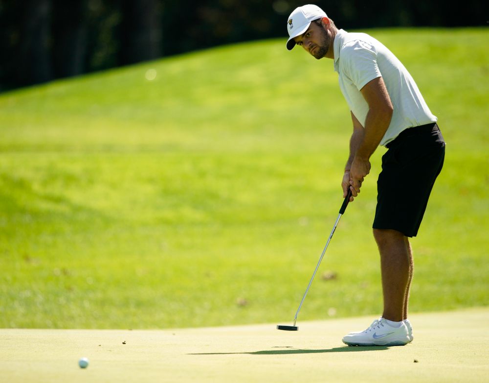 Iowa’s Gonzalo Leal putts during the second day of the Golfweek Conference Challenge at the Cedar Rapids Country Club in Cedar Rapids on Monday, Sep 16, 2019. (Stephen Mally/hawkeyesports.com)