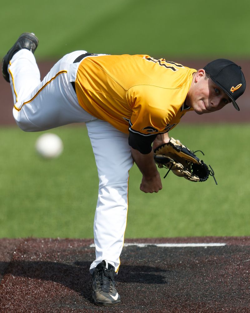 Iowa Hawkeyes pitcher Cole McDonald (11) pitches during a game against Evansville at Duane Banks Field on March 18, 2018. (Tork Mason/hawkeyesports.com)