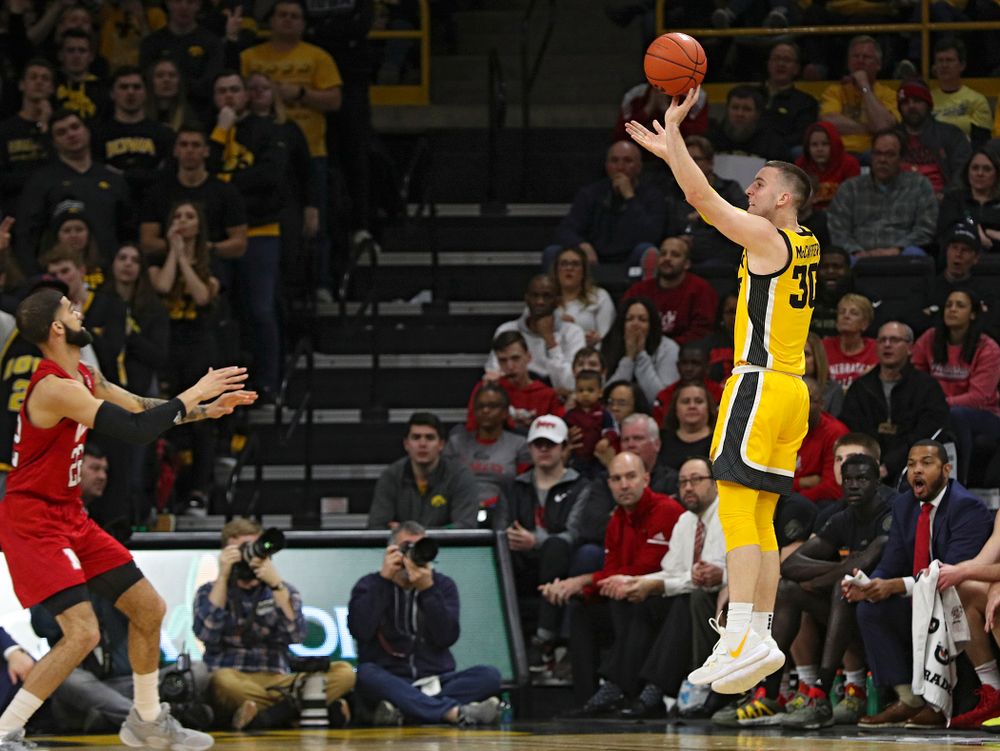 Iowa Hawkeyes guard Connor McCaffery (30) makes a basket during the first half of their game at Carver-Hawkeye Arena in Iowa City on Saturday, February 8, 2020. (Stephen Mally/hawkeyesports.com)