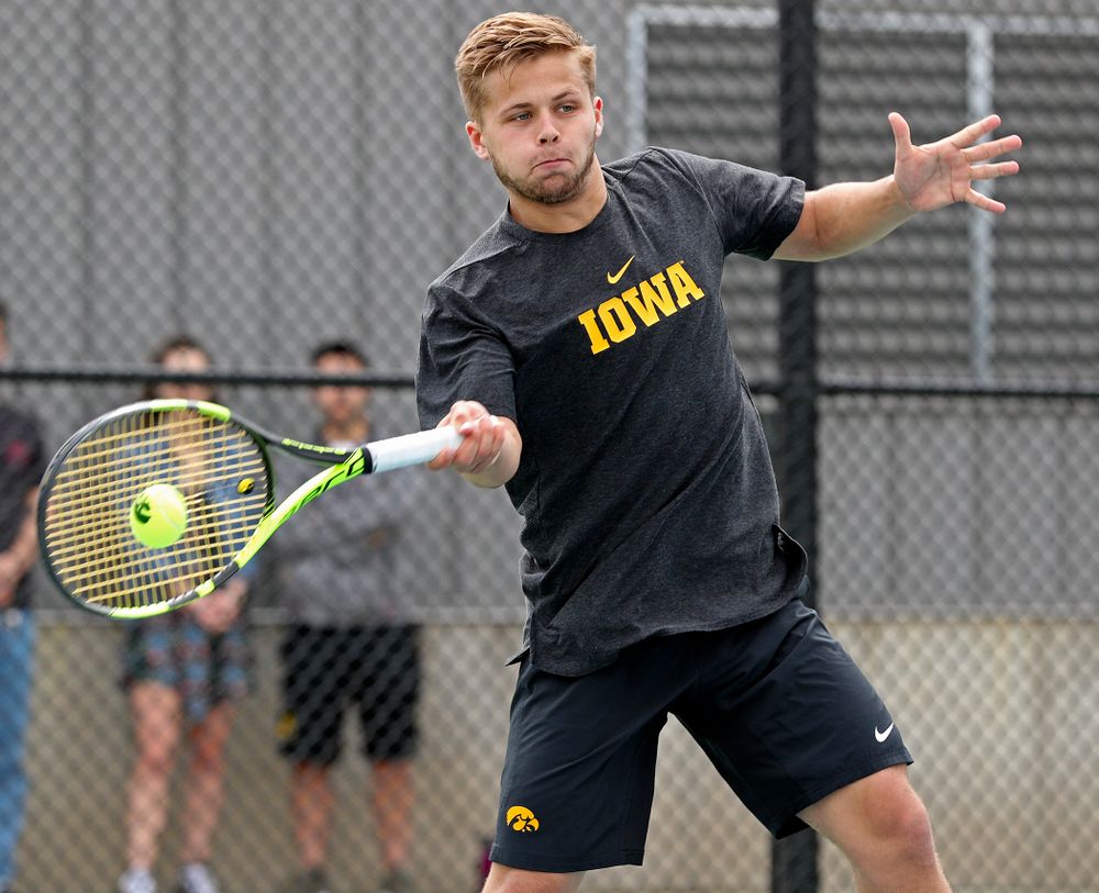 Iowa's Will Davies competes during a double match against Ohio State at the Hawkeye Tennis and Recreation Complex in Iowa City on Sunday, Apr. 7, 2019. (Stephen Mally/hawkeyesports.com)