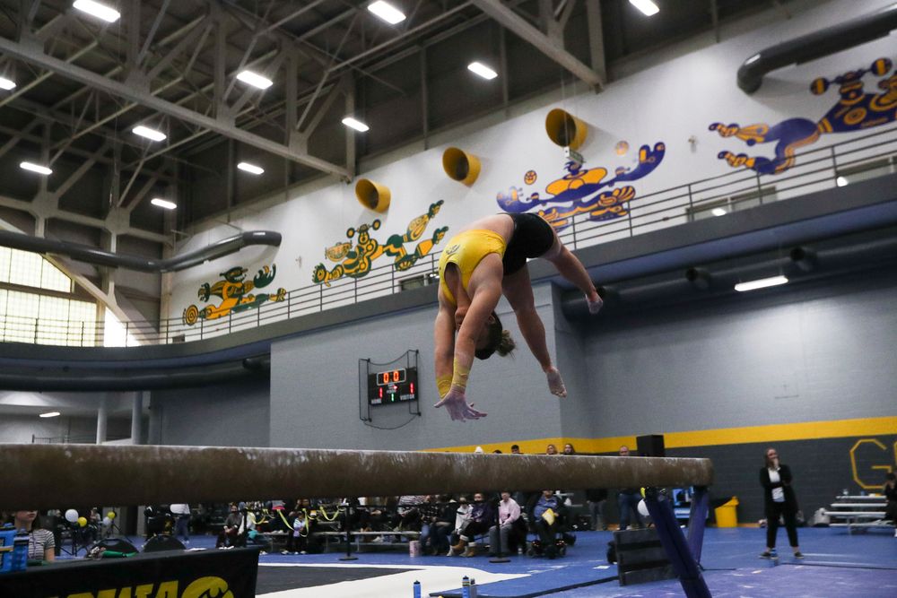 Maddie Kampschroeder performs on the beam during the Iowa women’s gymnastics Black and Gold Intraquad Meet on Saturday, December 7, 2019 at the UI Field House. (Lily Smith/hawkeyesports.com)