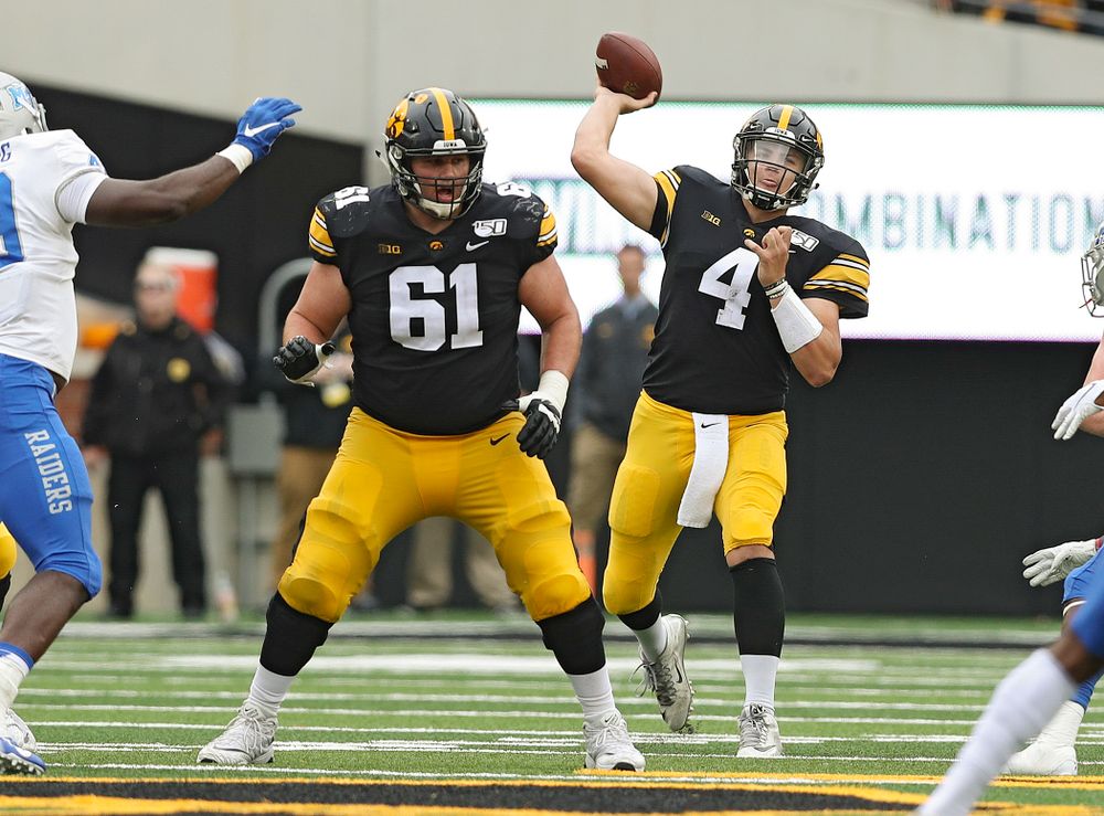 Iowa Hawkeyes quarterback Nate Stanley (4) throws a pass during fourth quarter of their game at Kinnick Stadium in Iowa City on Saturday, Sep 28, 2019. (Stephen Mally/hawkeyesports.com)