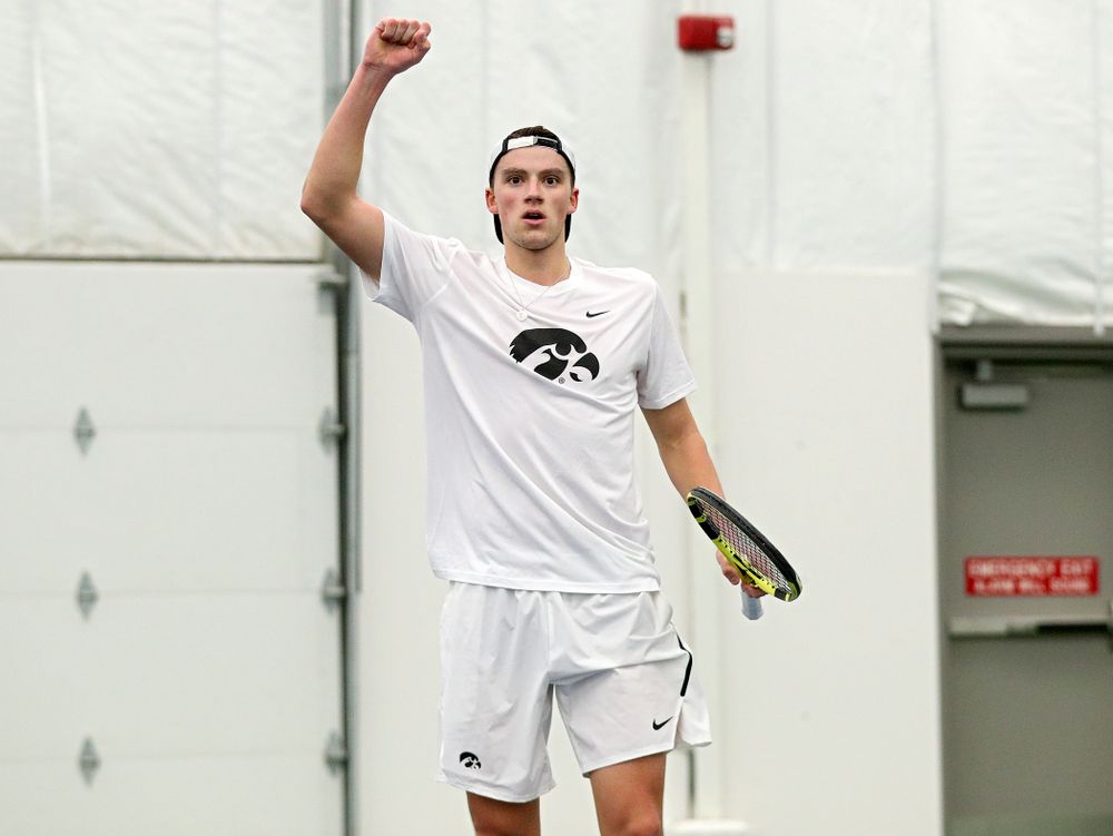 Iowa’s Joe Tyler celebrates a point during his singles match at the Hawkeye Tennis and Recreation Complex in Iowa City on Sunday, February 16, 2020. (Stephen Mally/hawkeyesports.com)