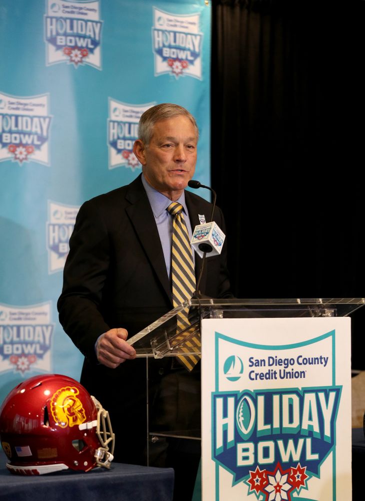 Iowa Hawkeyes head coach Kirk Ferentz answers questions during a press conference leading up to the Holiday Bowl Thursday, December 26, 2019 in San Diego. (Brian Ray/hawkeyesports.com)