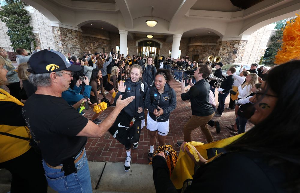 Iowa Hawkeyes guard Kathleen Doyle (22) and guard Alexis Sevillian (5) during a send off at the hotel before their game against the NC State Wolfpack in the regional semi-final of the 2019 NCAA Women's College Basketball Tournament Saturday, March 30, 2019 at Greensboro Coliseum in Greensboro, NC.(Brian Ray/hawkeyesports.com)