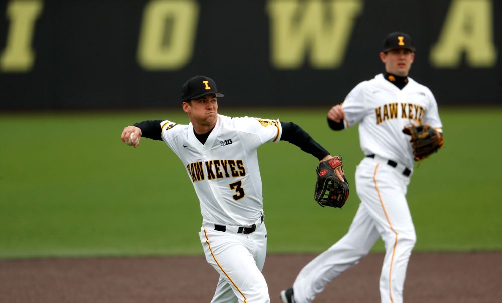 Iowa Hawkeyes infielder Matt Hoeg (3) during a double header against the Indiana Hoosiers Friday, March 23, 2018 at Duane Banks Field. (Brian Ray/hawkeyesports.com)