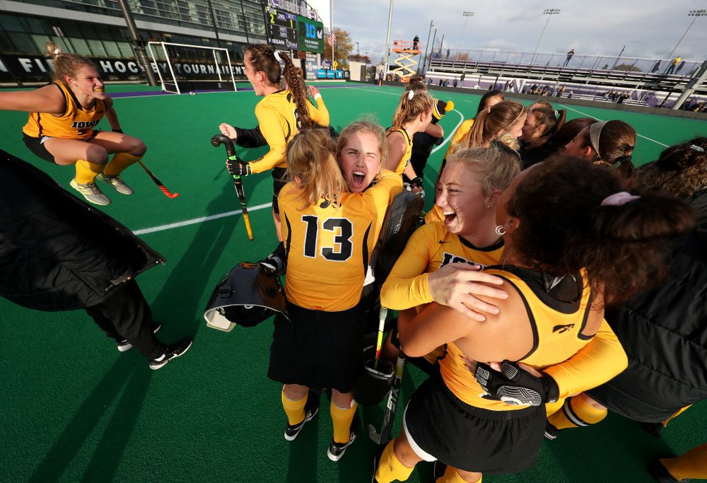 Iowa Hawkeyes Leslie Speight (96) celebrates their 2-1 victory over the Michigan Wolverines in the semi-finals of the Big Ten Tournament Friday, November 2, 2018 at Lakeside Field on the campus of Northwestern University in Evanston, Ill. (Brian Ray/hawkeyesports.com)