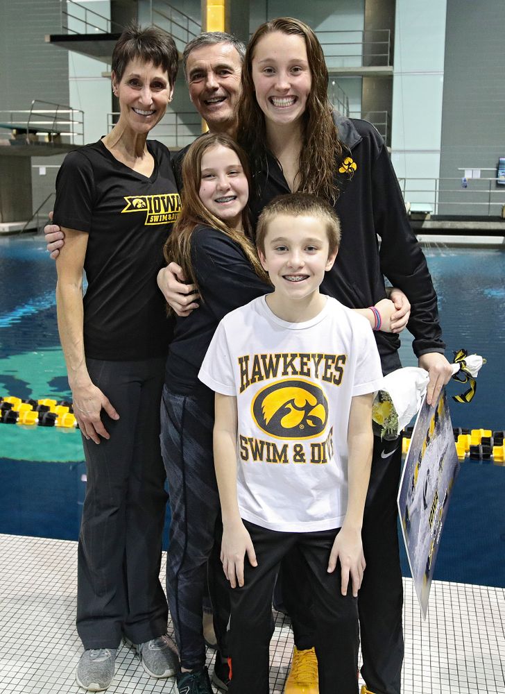 Iowa’s Samantha Sauer is honored on senior day before their meet at the Campus Recreation and Wellness Center in Iowa City on Friday, February 7, 2020. (Stephen Mally/hawkeyesports.com)