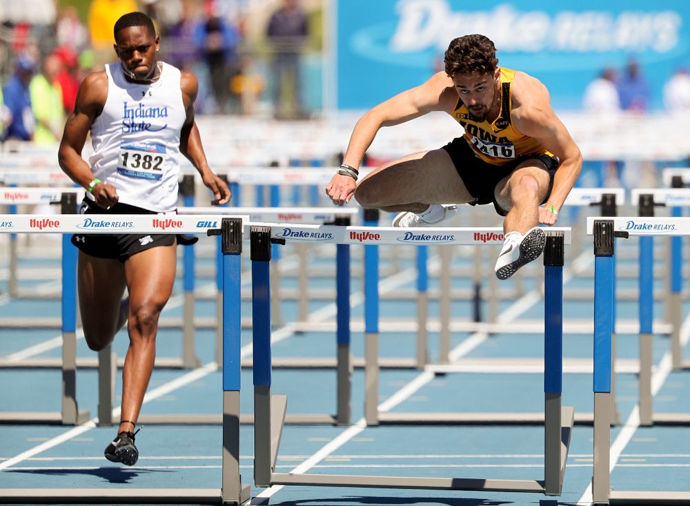 Iowa's Josh Braverman runs the men's 110 meter hurdles event during the second day of the Drake Relays at Drake Stadium in Des Moines on Friday, Apr. 26, 2019. (Stephen Mally/hawkeyesports.com)
