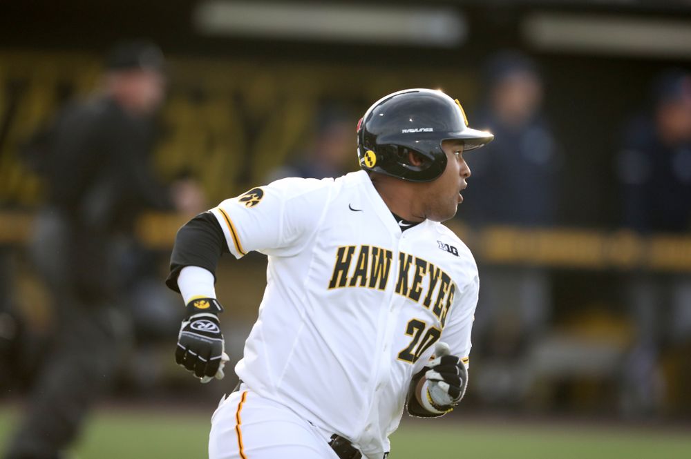 Iowa Hawkeyes Izaya Fullard (20) hits a home run during game one against UC Irvine Friday, May 3, 2019 at Duane Banks Field. (Brian Ray/hawkeyesports.com)