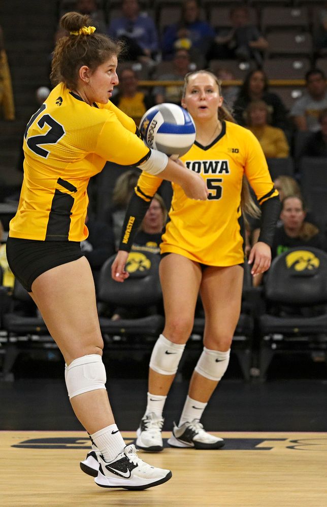 Iowa’s Emily Bushman (12) eyes the ball during their match at Carver-Hawkeye Arena in Iowa City on Sunday, Oct 20, 2019. (Stephen Mally/hawkeyesports.com)