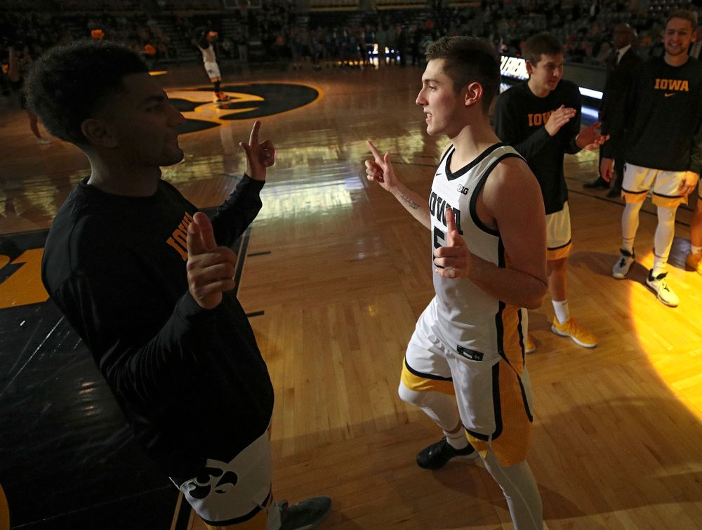 Iowa Hawkeyes guard CJ Fredrick (5) is introduced before their exhibition game against Lindsey Wilson College at Carver-Hawkeye Arena in Iowa City on Monday, Nov 4, 2019. (Stephen Mally/hawkeyesports.com)