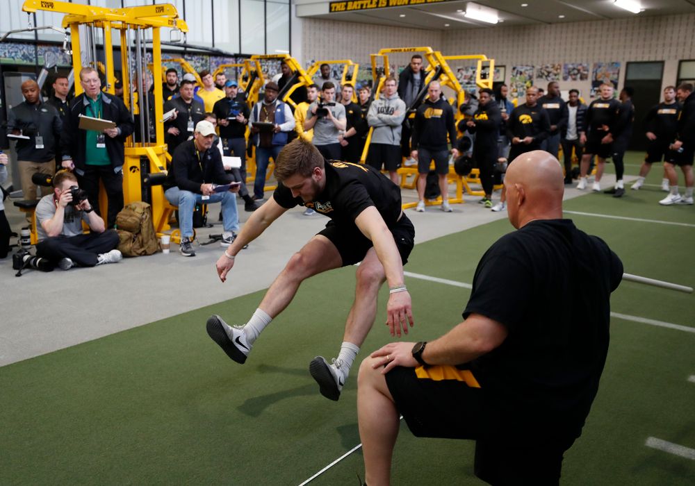 Iowa Hawkeyes linebacker Ben Niemann (44) during the team's annual pro day Monday, March 26, 2018 at the Hansen Football Performance Center. (Brian Ray/hawkeyesports.com)