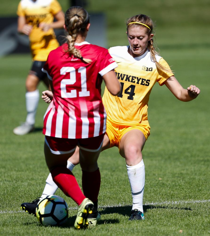 Iowa Hawkeyes defender Leah Moss (14) defends during a game against Indiana at the Iowa Soccer Complex on September 23, 2018. (Tork Mason/hawkeyesports.com)