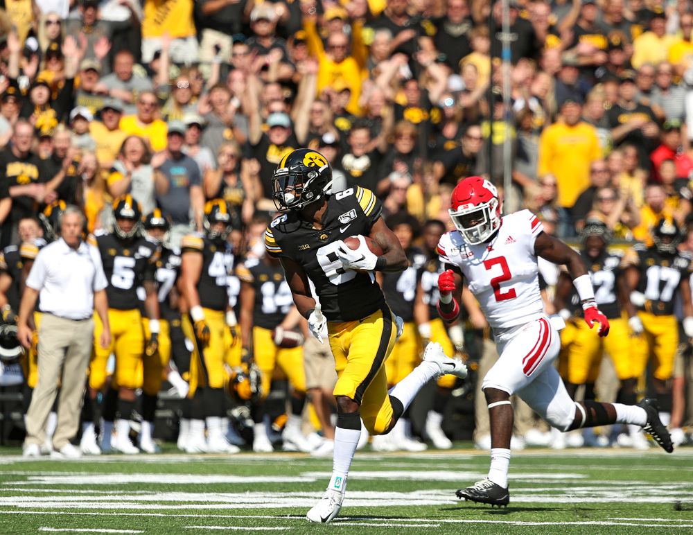Iowa Hawkeyes wide receiver Ihmir Smith-Marsette (6) on a 58-yard touchdown reception during the first quarter of their Big Ten Conference football game at Kinnick Stadium in Iowa City on Saturday, Sep 7, 2019. (Stephen Mally/hawkeyesports.com)