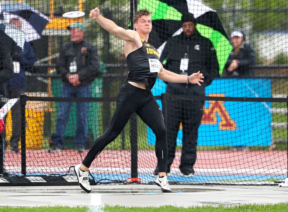 Iowa's Peyton Haack throws in the men’s discus in the decathlon event on the second day of the Big Ten Outdoor Track and Field Championships at Francis X. Cretzmeyer Track in Iowa City on Saturday, May. 11, 2019. (Stephen Mally/hawkeyesports.com)