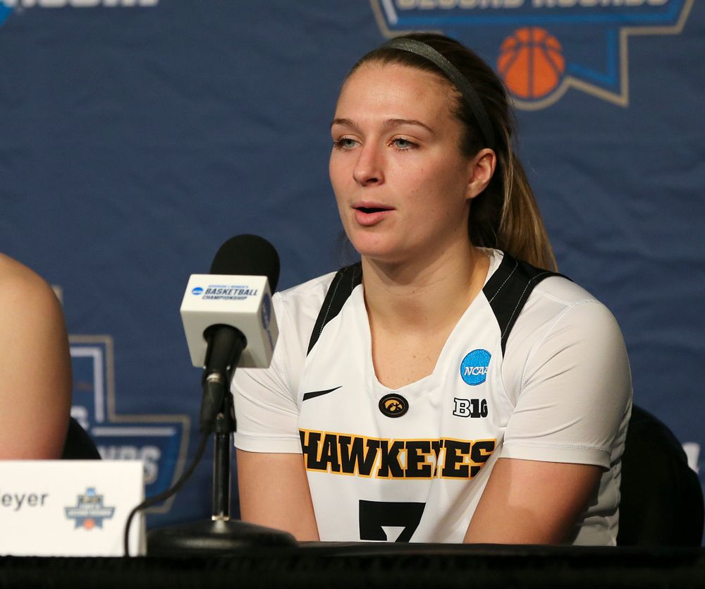 Iowa Hawkeyes guard Makenzie Meyer (3) talks during their press availability after winning their game in the first round of the 2019 NCAA Women's Basketball Tournament at Carver Hawkeye Arena in Iowa City on Friday, Mar. 22, 2019. (Stephen Mally for hawkeyesports.com)