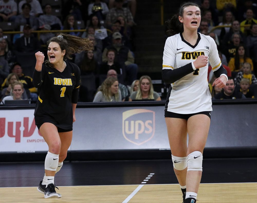 Iowa Hawkeyes defensive specialist Molly Kelly (1) celebrates after winning a point during a match against Penn State at Carver-Hawkeye Arena on November 3, 2018. (Tork Mason/hawkeyesports.com)