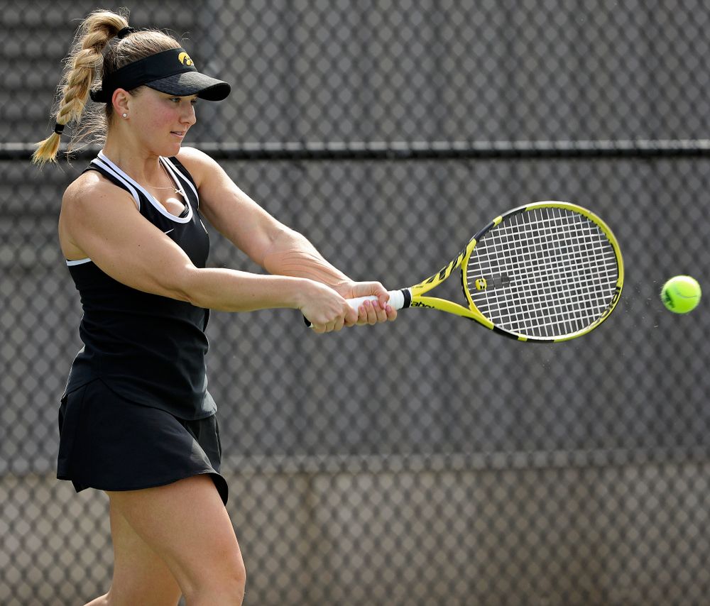 Iowa's Danielle Burich during a match against Rutgers at the Hawkeye Tennis and Recreation Complex in Iowa City on Friday, Apr. 5, 2019. (Stephen Mally/hawkeyesports.com)
