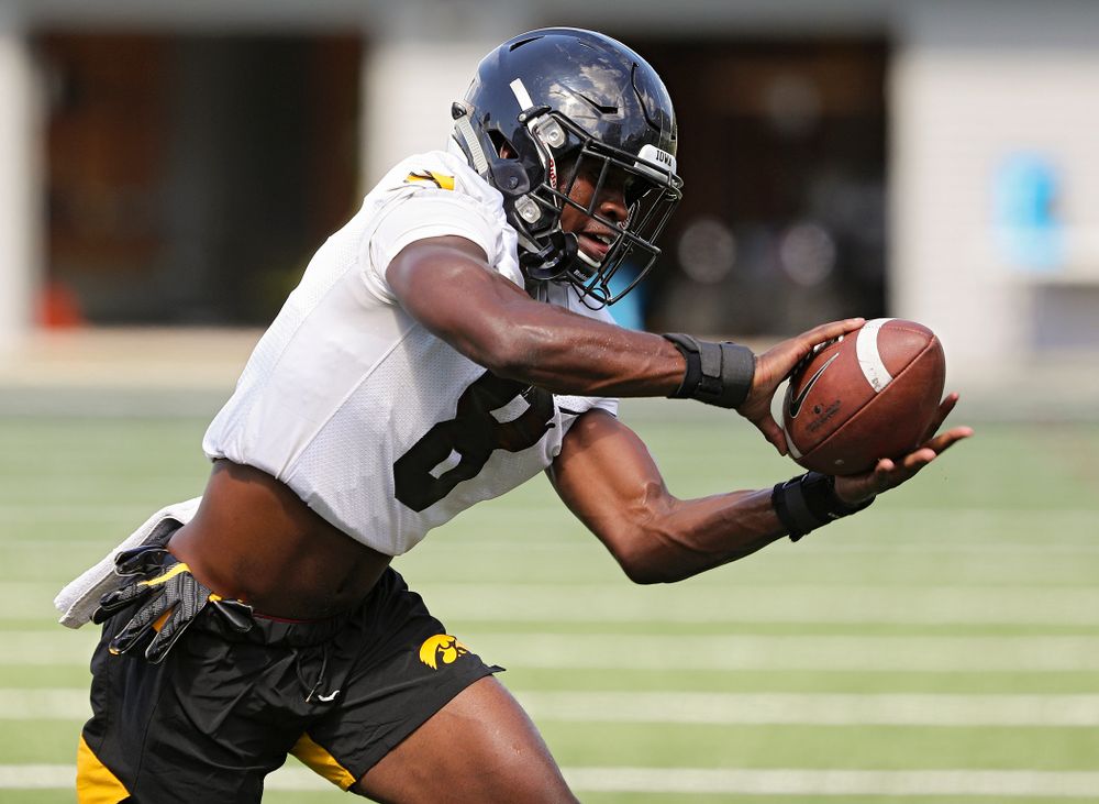 Iowa Hawkeyes defensive back Matt Hankins (8) pulls in a pass as they run a drill during Fall Camp Practice No. 13 at the Hansen Football Performance Center in Iowa City on Friday, Aug 16, 2019. (Stephen Mally/hawkeyesports.com)