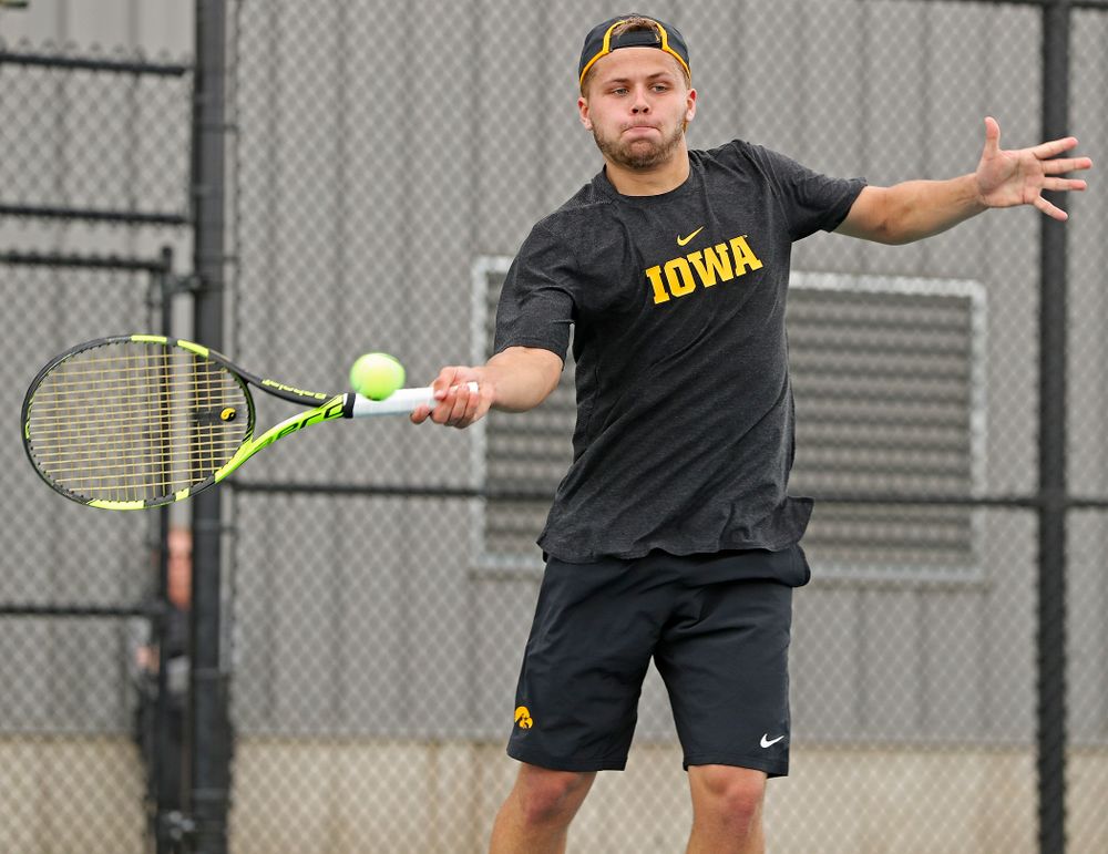 Iowa's Will Davies competes during a match against Ohio State at the Hawkeye Tennis and Recreation Complex in Iowa City on Sunday, Apr. 7, 2019. (Stephen Mally/hawkeyesports.com)