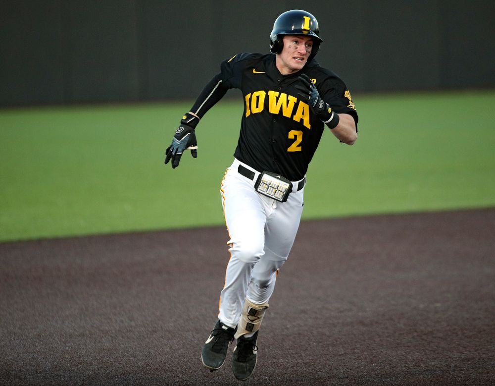 Iowa infielder Brendan Sher (2) runs to third during the fifth inning of their game at Duane Banks Field in Iowa City on Tuesday, March 3, 2020. (Stephen Mally/hawkeyesports.com)