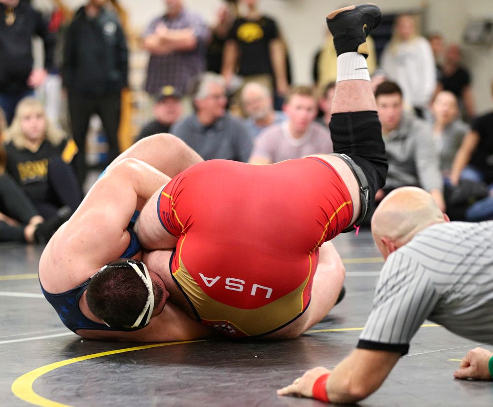 Iowa’s Tony Cassioppi (left) works on pinning Aaron Costello during their preseason match at the Dan Gable Wrestling Complex at Carver-Hawkeye Arena in Iowa City on Thursday, Nov 7, 2019. (Stephen Mally/hawkeyesports.com)